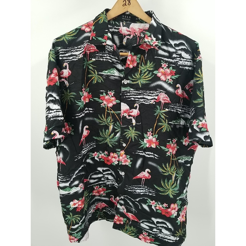 SSLR Hawaiian‎ Shirt Mens XL Button Up Short  Sleeve Flamingo Floral - Picture 3 of 6